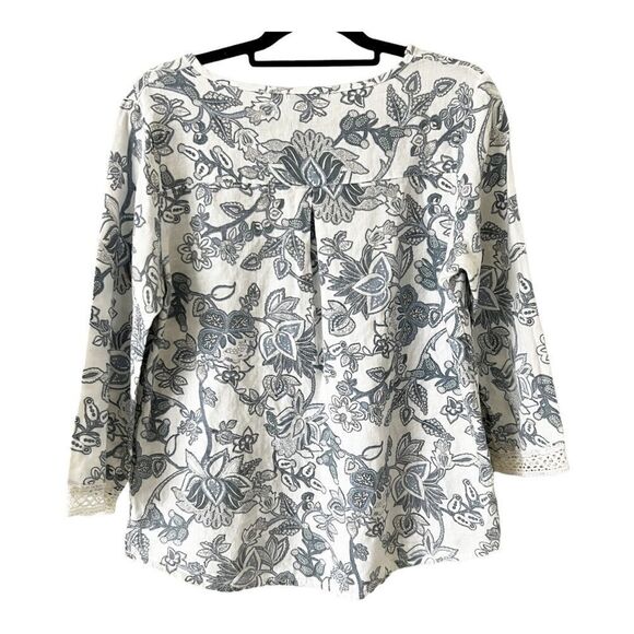 Elena Baldi 3/4 Sleeve Blue White Floral 100% Linen Lace Trim Italy Size Large - Picture 2 of 8
